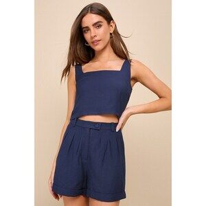 Lulus Set For Compliments Navy Blue Tailored High-waisted Shorts - Size XS